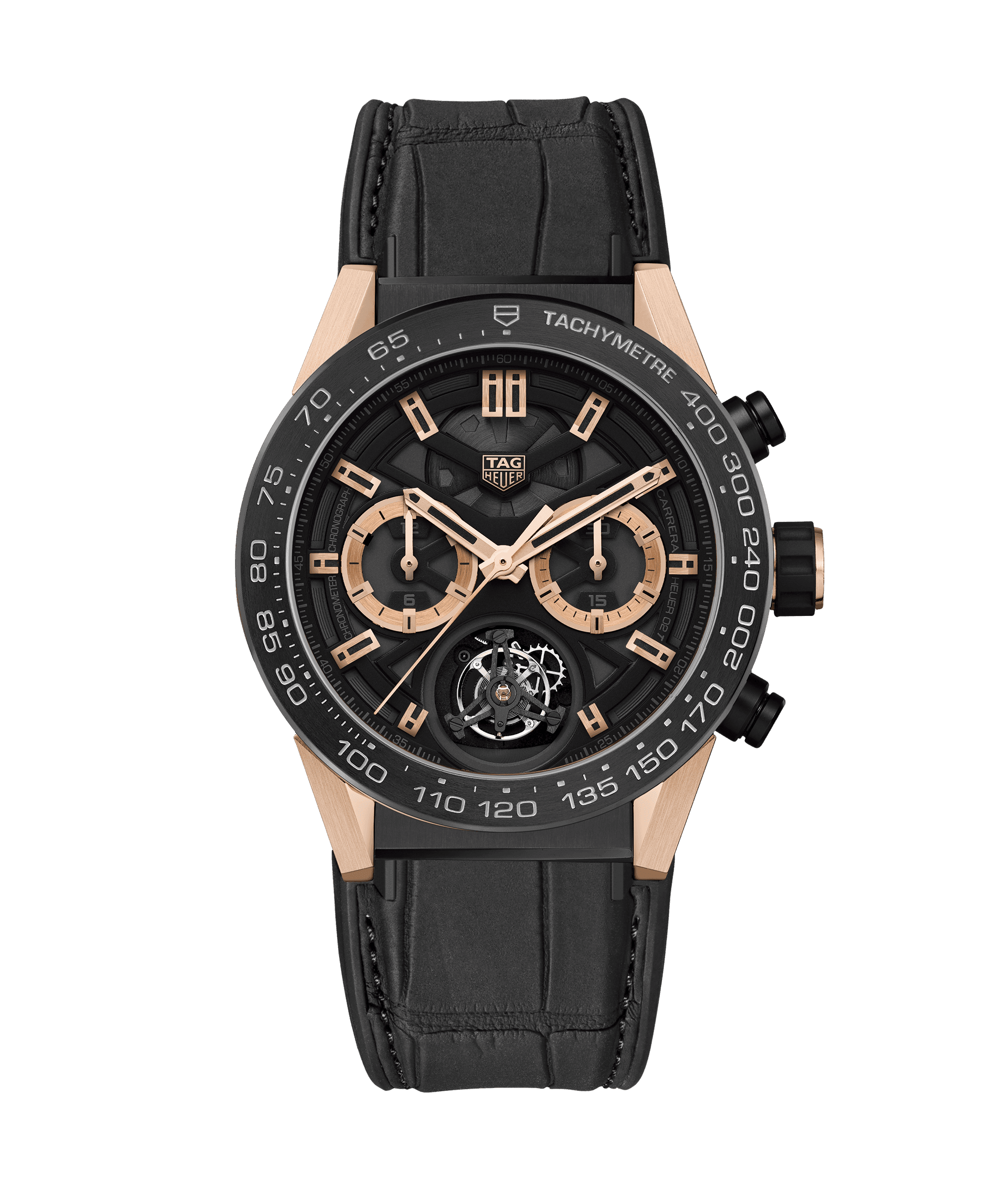 TAG Heuer CAR5A5Y.FC6377 : Carrera Calibre Heuer 02T 45 Chronograph Tourbillon Titanium / Ceramic / Rose Gold / Alligator