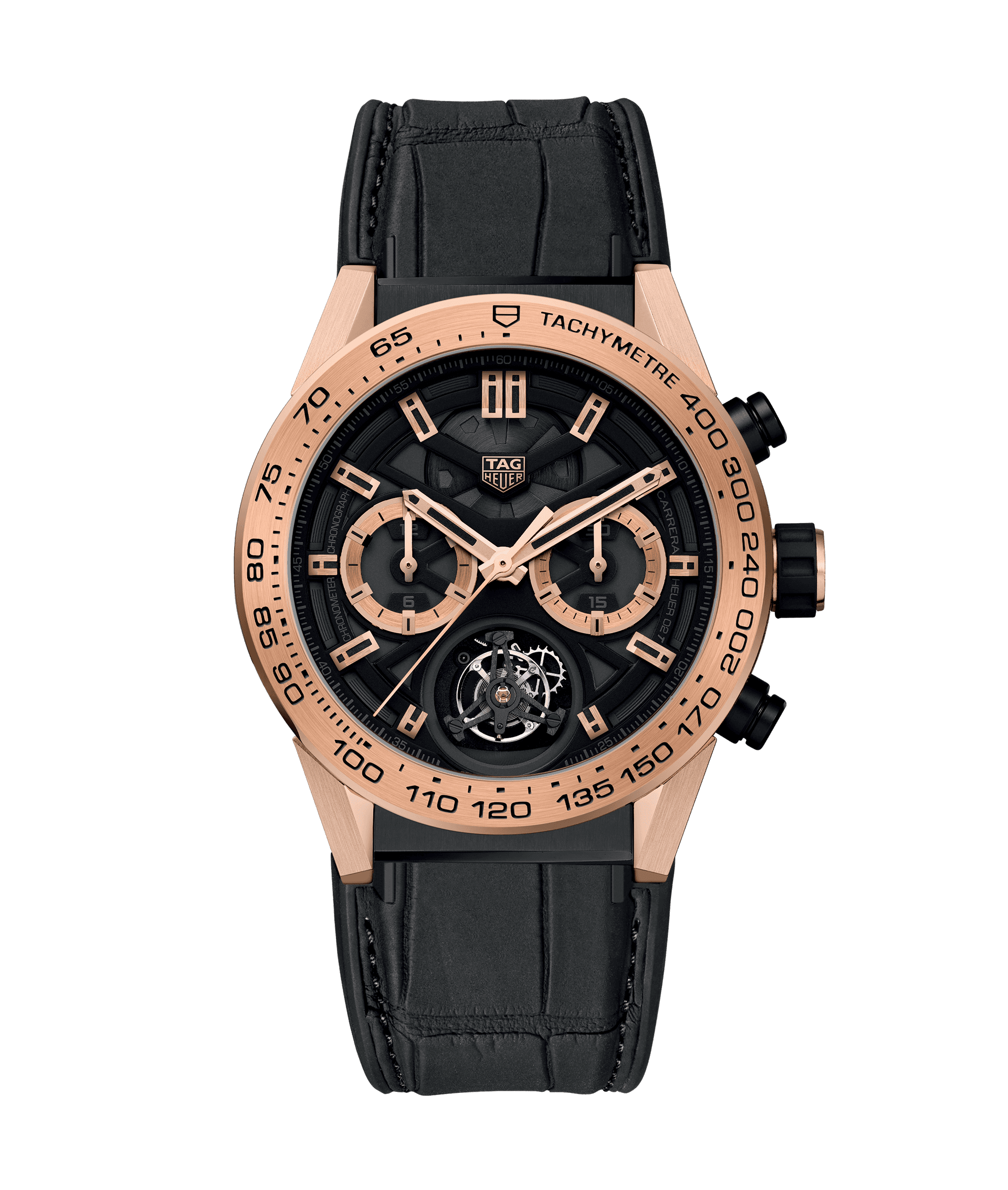 TAG Heuer CAR5A5Z.FC6377 : Carrera Calibre Heuer 02T 45 Chronograph Tourbillon Titanium / Rose Gold / Alligator