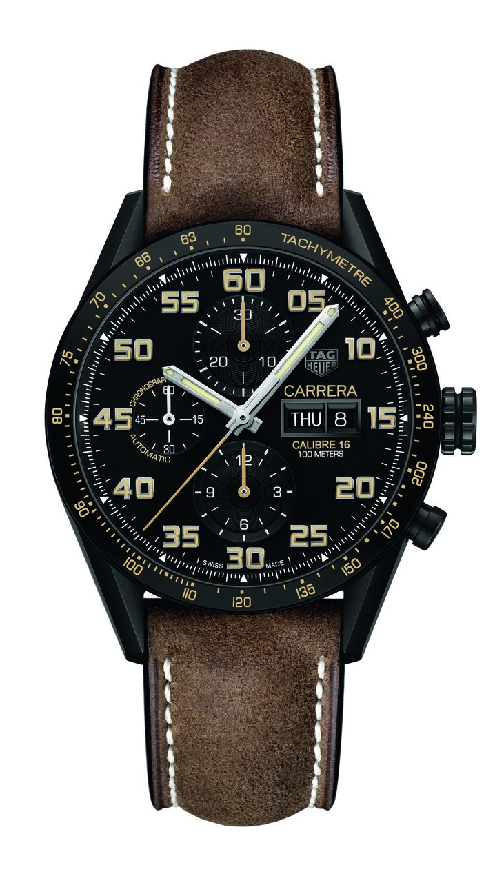 TAG Heuer CV2A84.FC6394 : Carrera Calibre 16 Day Date 43 Titanium PVD / Black / Calf