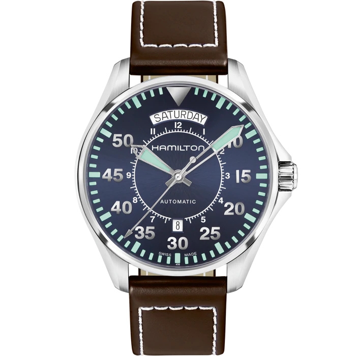 Hamilton H64615545 : Khaki Pilot Day Date Auto 42 Stainless Steel / Blue / Strap