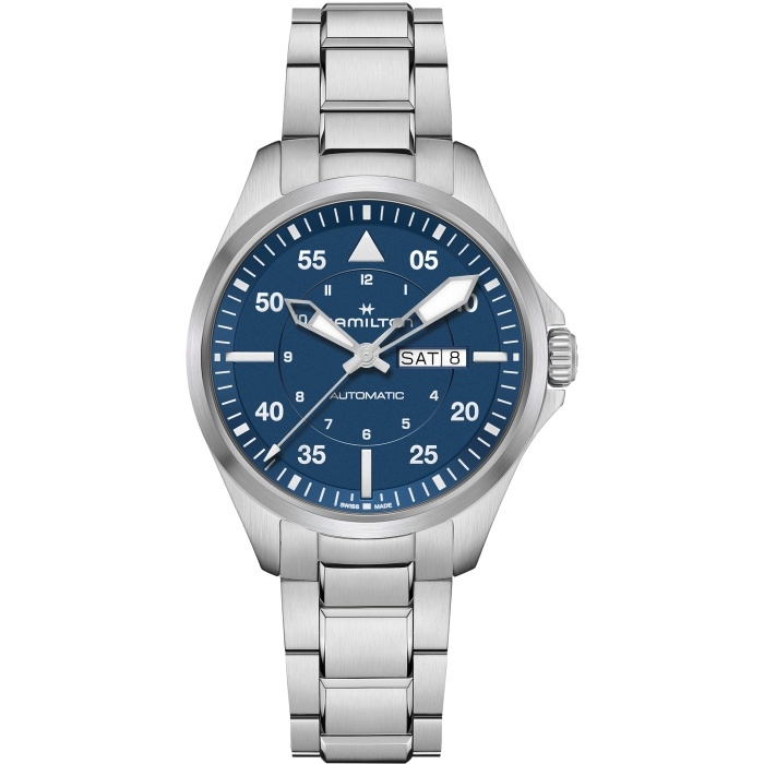 Hamilton H64635140 : Khaki Aviation Pilot Day Date Auto 42 Stainless Steel / Blue / Bracelet