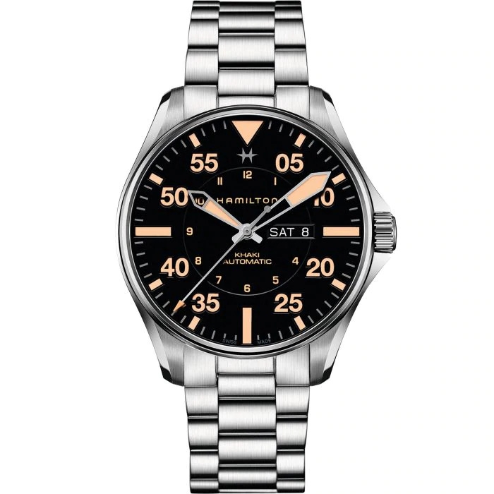 Hamilton H64725131 : Khaki Aviation Pilot Day-Date Auto 46 Stainless Steel / Black / Bracelet