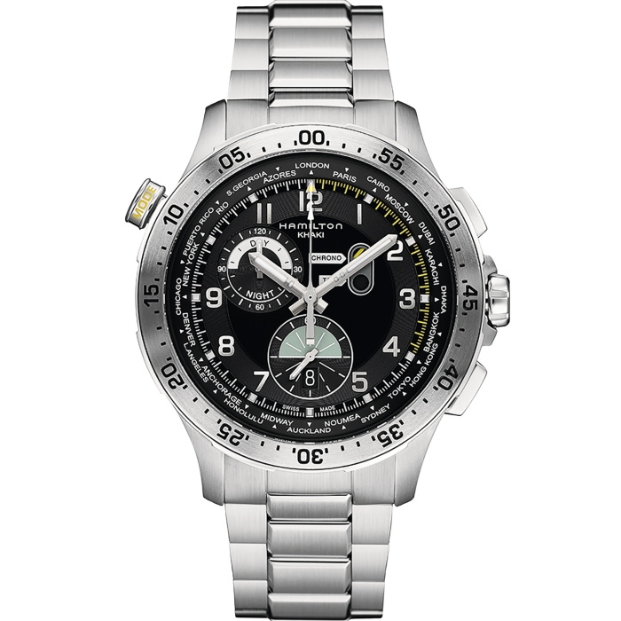 Hamilton H76714135 : Khaki Pilot Chrono Worldtimer Stainless Steel / Black / Bracelet