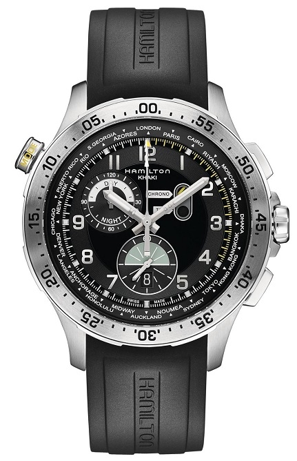 Hamilton H76714335 : Khaki Pilot Chrono Worldtimer Stainless Steel / Black / Rubber
