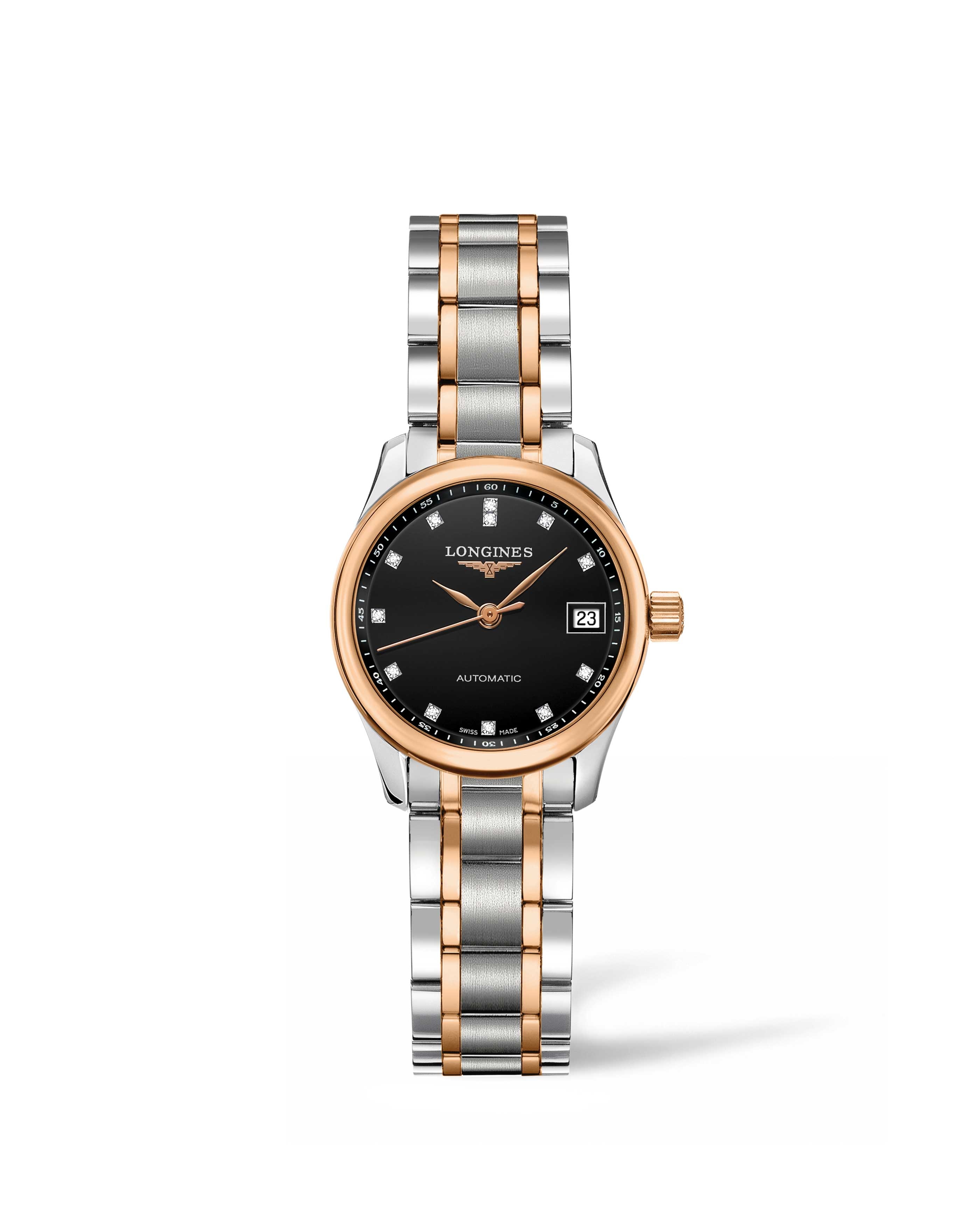 Longines L2.128.5.59.7 : Master Collection Date 25.5 Stainless Steel - Pink Gold / Black / Bracelet