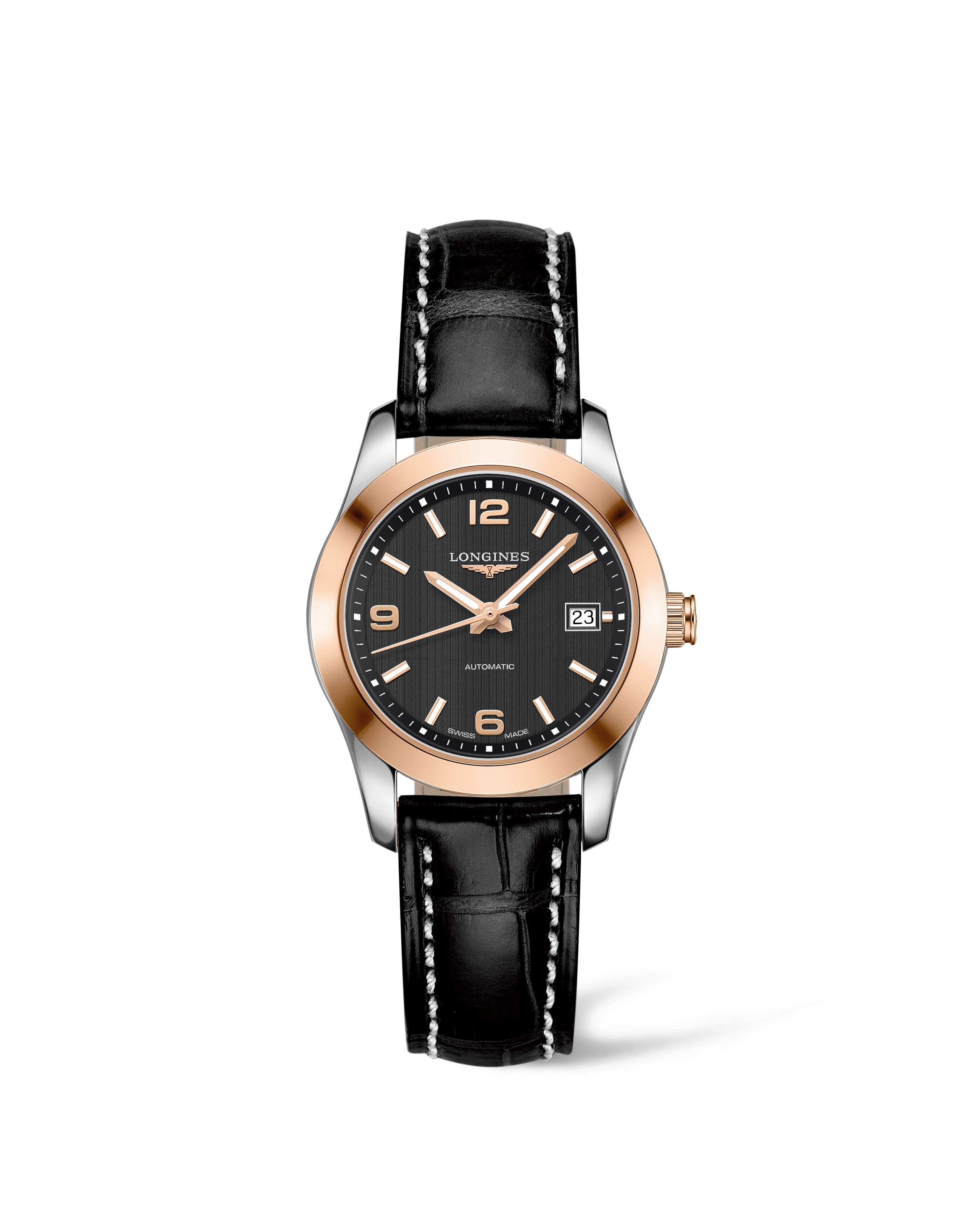Longines L2.285.5.56.3 : Conquest Classic Automatic 29.5 Stainless Steel / Red Gold / Black / Strap