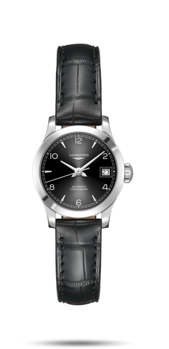 Longines L2.320.4.56.2 : Record 26mm Stainless Steel / Black-Arabic / Alligator