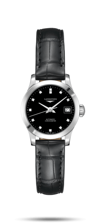 Longines L2.320.4.57.2 : Record 26mm Stainless Steel / Black-Diamond / Alligator