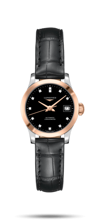 Longines L2.320.5.57.2 : Record 26mm Stainless Steel / Pink Gold / Black-Diamond / Alligator