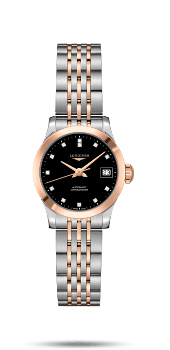 Longines L2.320.5.57.7 : Record 26mm Stainless Steel / Pink Gold / Black-Diamond / Bracelet