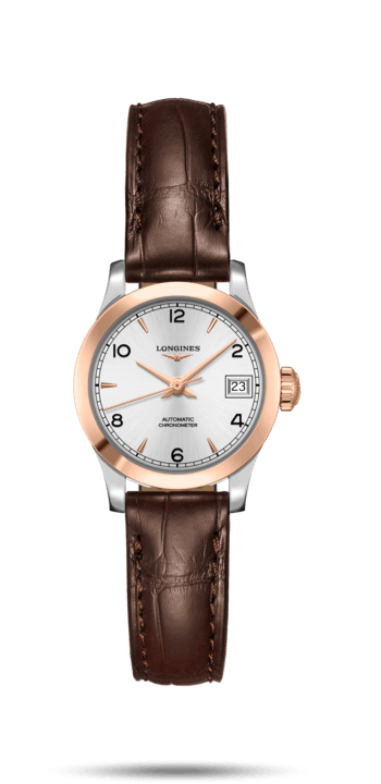 Longines L2.320.5.76.2 : Record 26mm Stainless Steel / Pink Gold / Silver-Arabic / Alligator