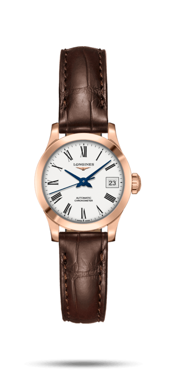 Longines L2.320.8.11.2 : Record 26mm Stainless Pink Gold / White-Roman / Alligator