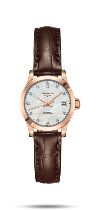 Longines L2.320.8.87.2 : Record 26mm Stainless Pink Gold / MOP-Diamond / Alligator