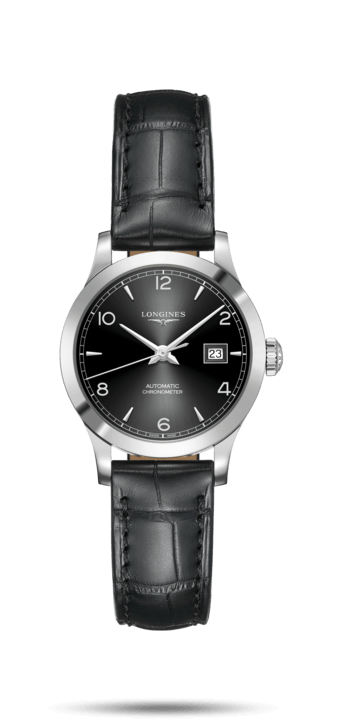 Longines L2.321.4.56.2 : Record 30mm Stainless Steel / Black-Arabic / Alligator