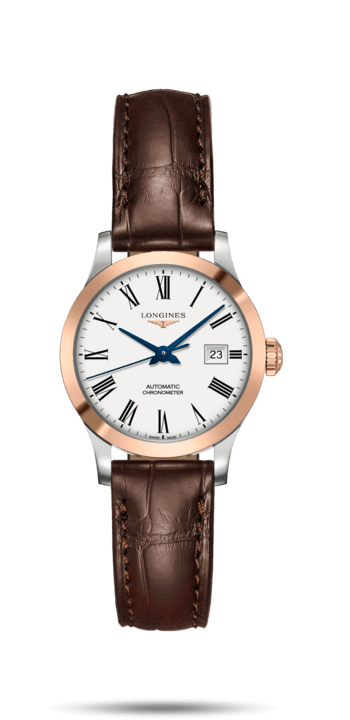 Longines L2.321.5.11.2 : Record 30mm Stainless Steel / Pink Gold / White-Roman / Alligator
