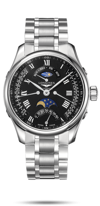 Longines L2.739.4.51.6 : Master Collection 44 Retrograde Moonphase Stainless Steel / Black-Roman / Bracelet