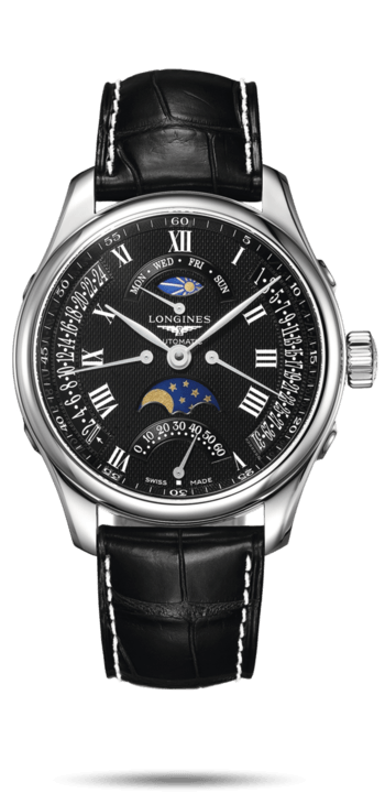 Longines L2.739.4.51.7 : Master Collection 44 Retrograde Moonphase Stainless Steel / Black-Roman / Alligator