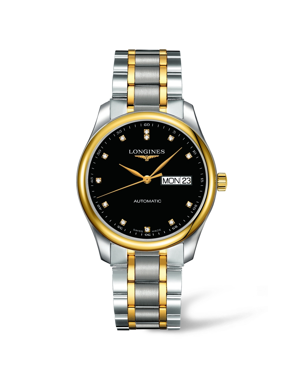 Longines L2.755.5.57.7 : Master Collection 38.5 Day Date Stainless Steel / Yellow Gold / Black-Diamond / Bracelet