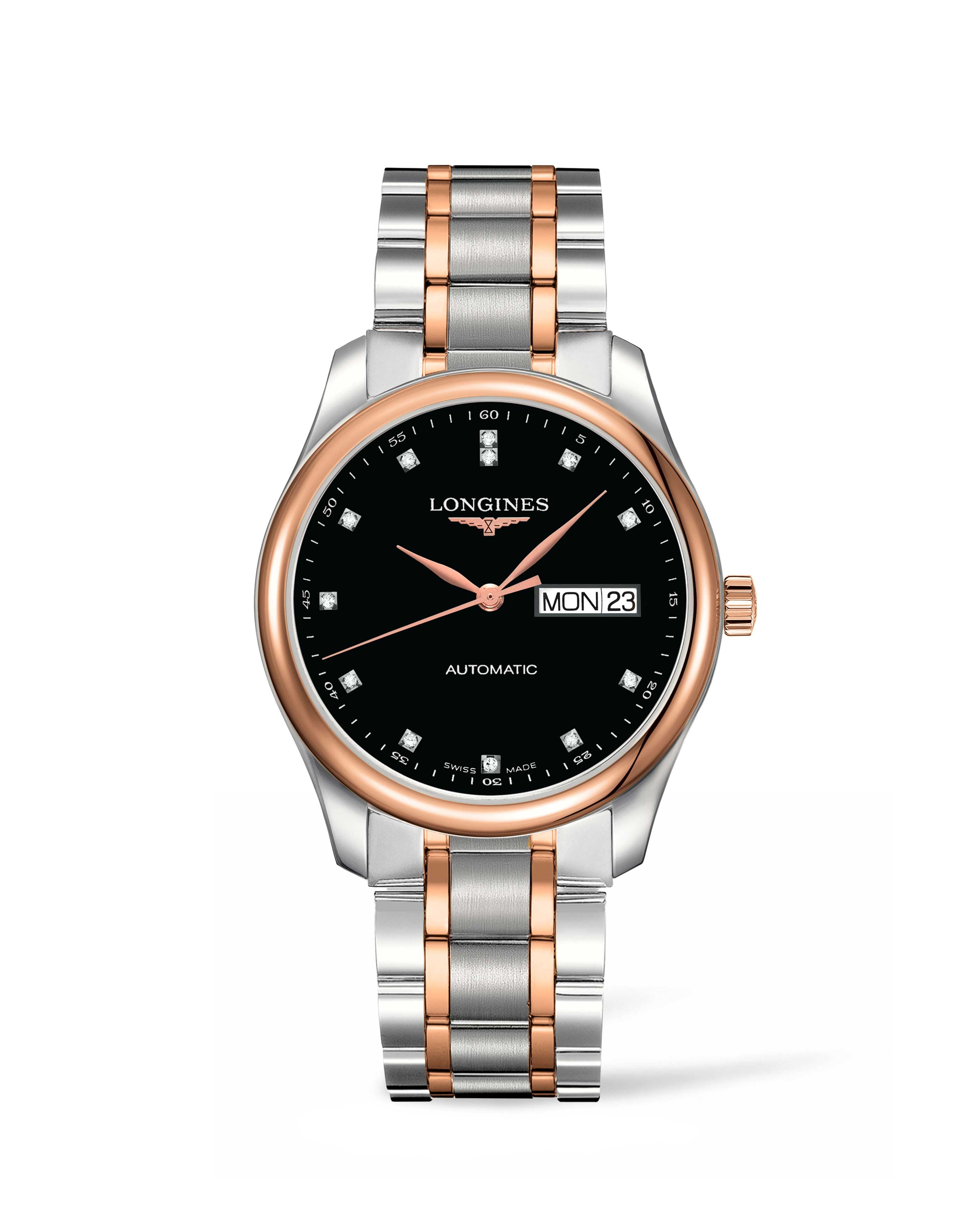 Longines L2.755.5.59.7 : Master Collection 38.5 Day Date Stainless Steel / Pink Gold / Black-Diamond / Bracelet