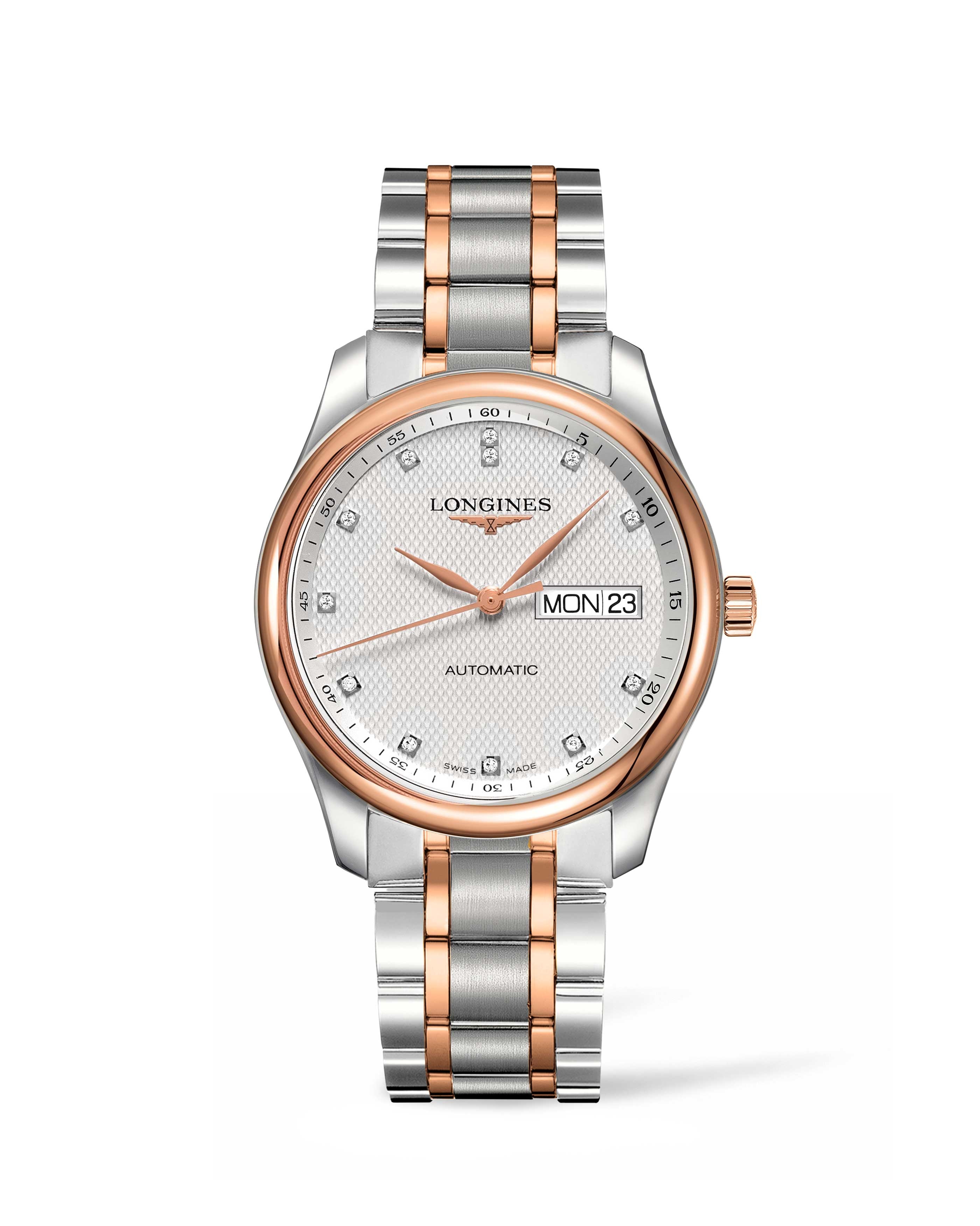 Longines L2.755.5.97.7 : Master Collection 38.5 Day Date Stainless Steel / Pink Gold / Silver-Diamond / Bracelet