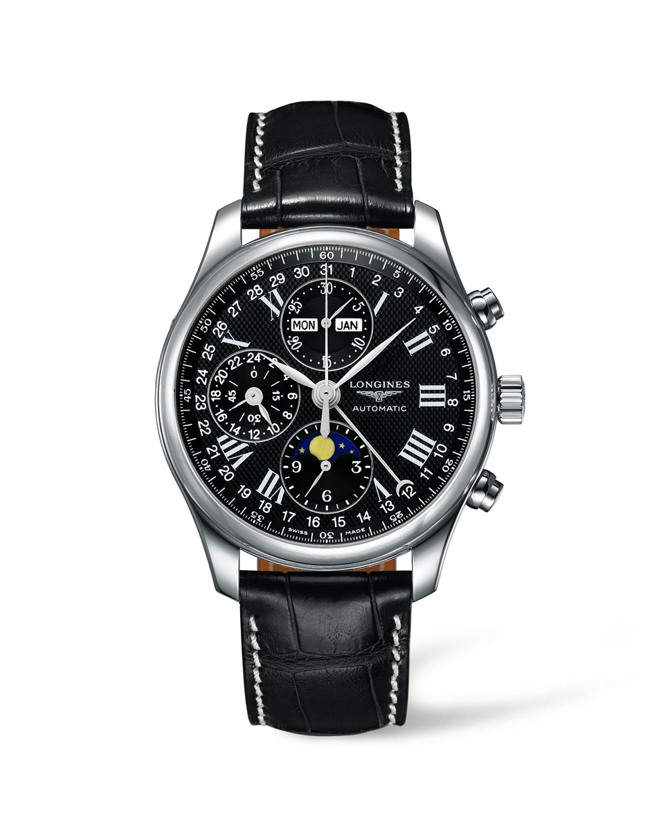 Longines L2.773.4.51.7 : Master Collection 42 Chronograph Calendar Stainless Steel / Black-Roman / Alligator