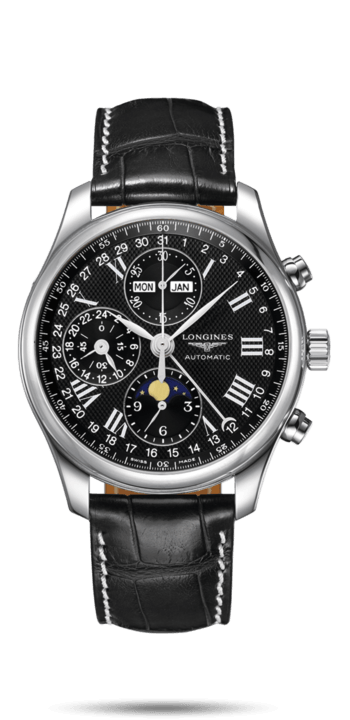 Longines L2.773.4.51.8 : Master Collection 42 Chronograph Calendar Stainless Steel / Black-Roman / Alligator XL