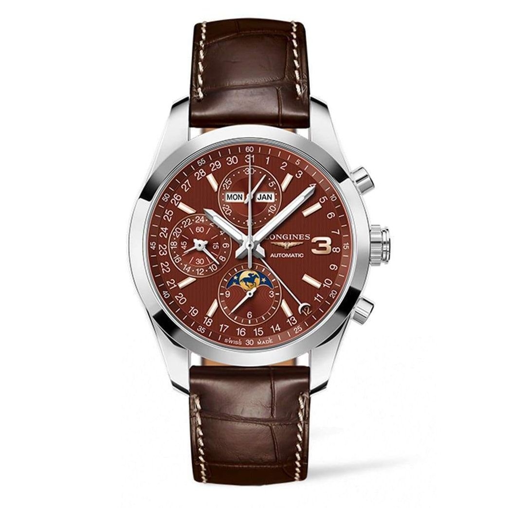 Longines L2.798.4.62.3 : Conquest Classic Moonphase Stainless Steel / Chocolate / Triple Crown Collection