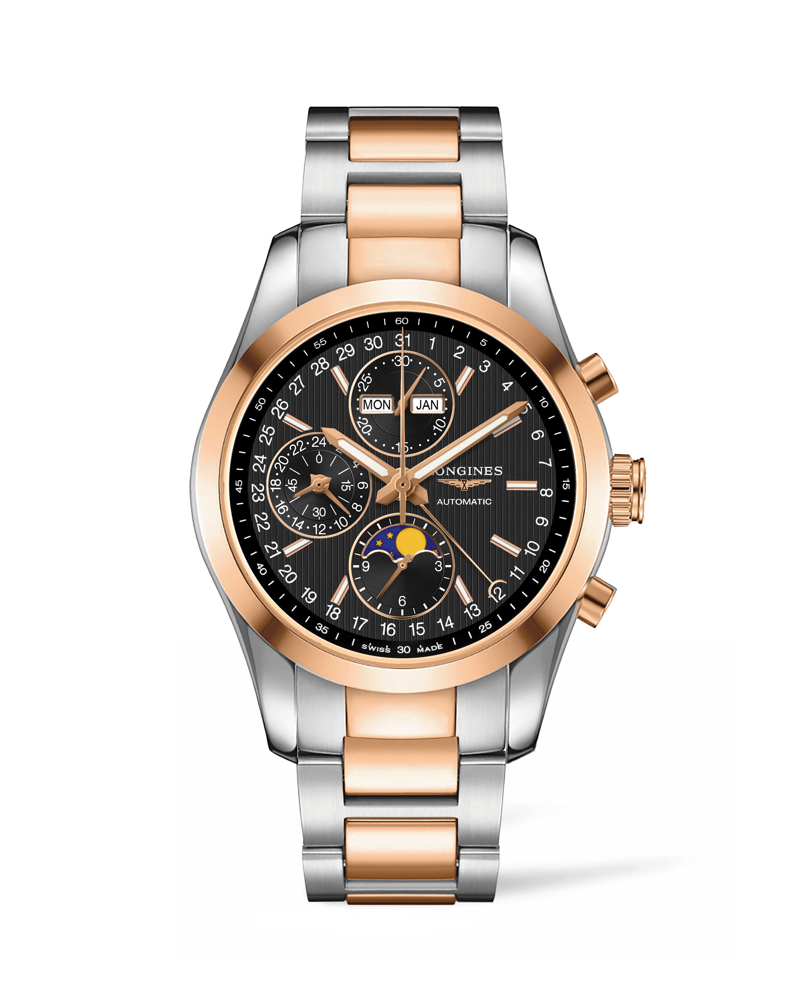 Longines L2.798.5.52.7 : Conquest Classic Moonphase Stainless Steel - Red Gold / Black / Bracelet