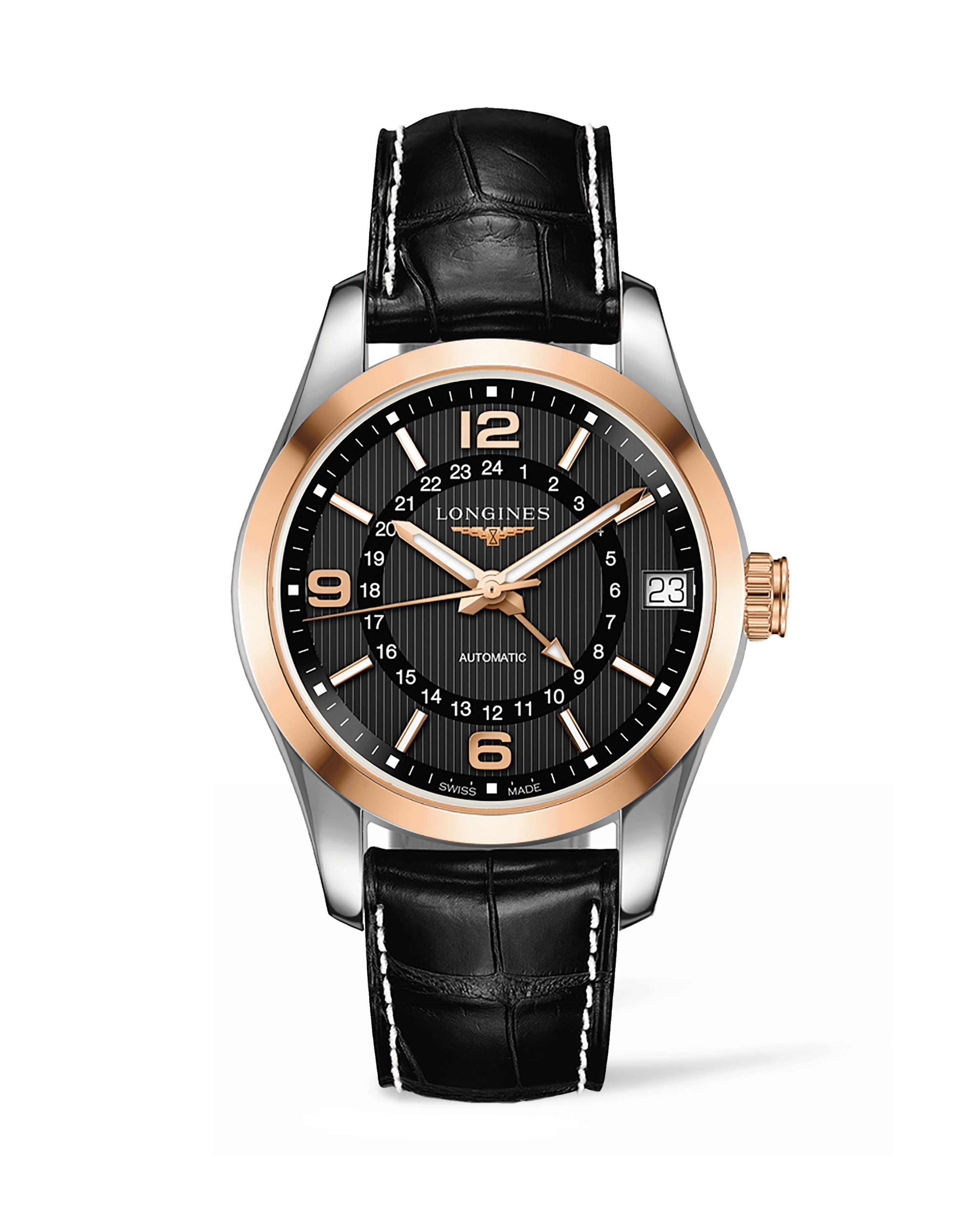 Longines L2.799.5.56.3 : Conquest Classic 42 GMT Stainless Steel - Red Gold / Black