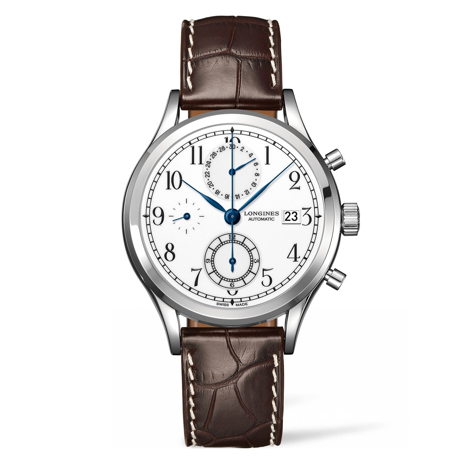 Longines L2.815.4.23.2 : Heritage Classic Chrono Stainless Steel / White / Strap
