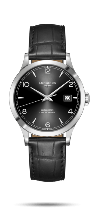 Longines L2.820.4.56.2 : Record 38.5mm Stainless Steel / Black-Arabic / Alligator