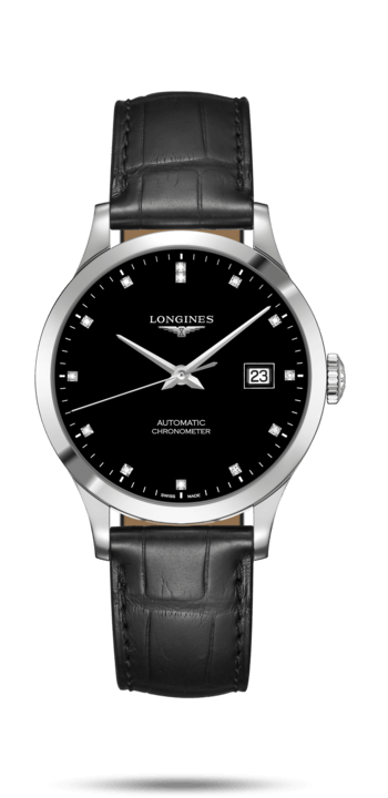 Longines L2.820.4.57.2 : Record 38.5mm Stainless Steel / Black-Diamond / Alligator