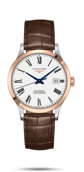 Longines L2.820.5.11.2 : Record 38.5mm Stainless Steel / Pink Gold / White-Roman / Alligator