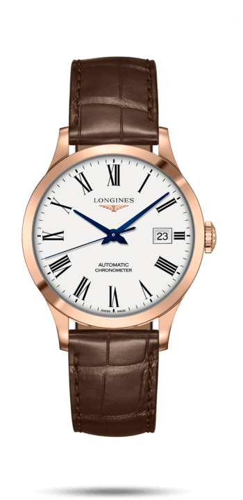 Longines L2.820.8.11.2 : Record 38.5mm Pink Gold / White-Roman / Alligator