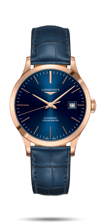 Longines L2.820.8.92.2 : Record 38.5mm Pink Gold / Blue / Alligator