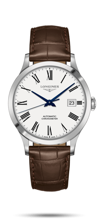 Longines L2.821.4.11.2 : Record 40mm Stainless Steel / White-Roman / Alligator