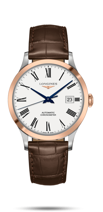 Longines L2.821.5.11.2 : Record 40mm Stainless Steel / Pink Gold / White-Roman / Alligator