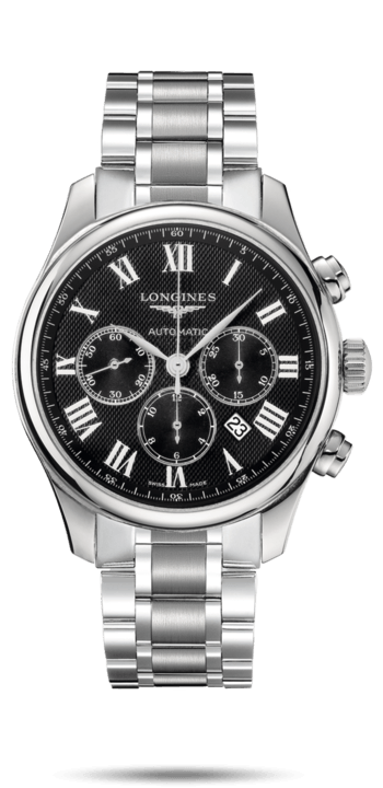 Longines L2.859.4.51.6 : Master Collection 44 Chronograph Stainless Steel / Black-Roman / Bracelet