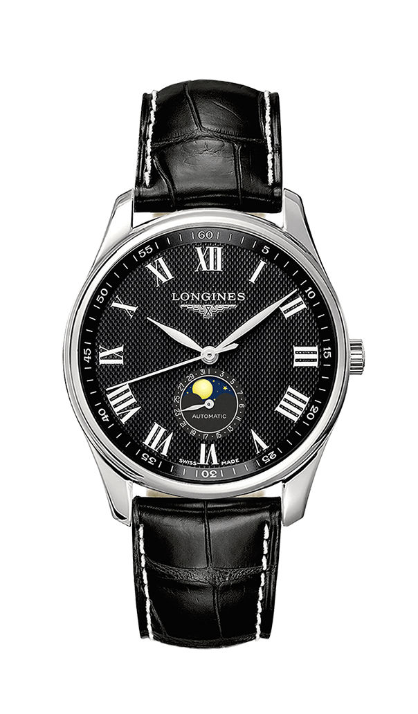 Longines L2.919.4.51.7 : Master Collection 42 Moonphase Stainless Steel / Black-Roman / Alligator
