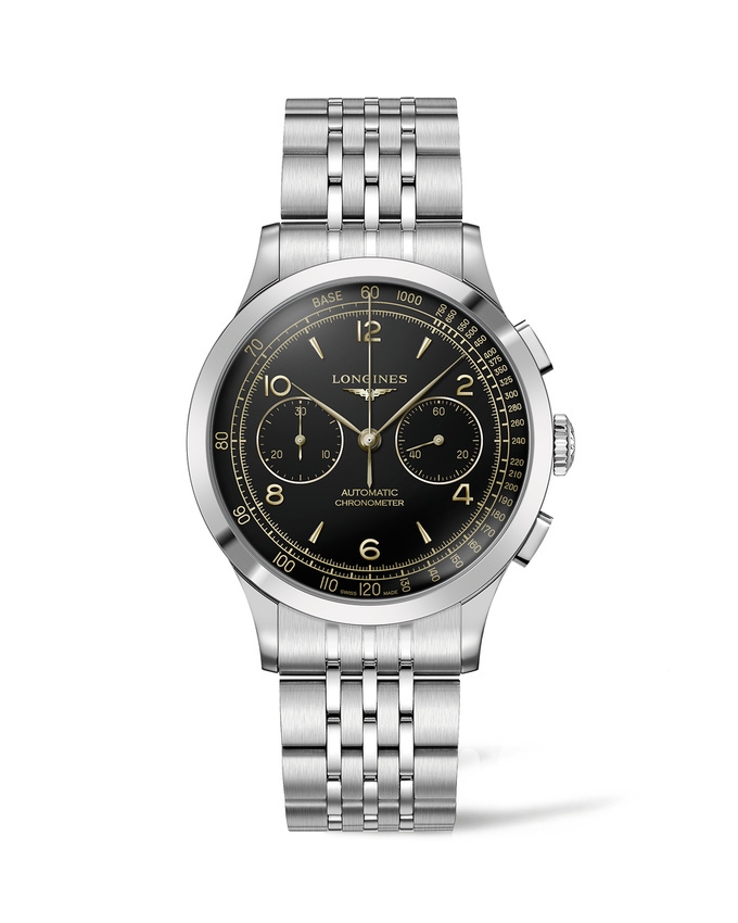 Longines L2.921.4.56.6 : Record Heritage Chronograph Stainless Steel / Black / Bracelet