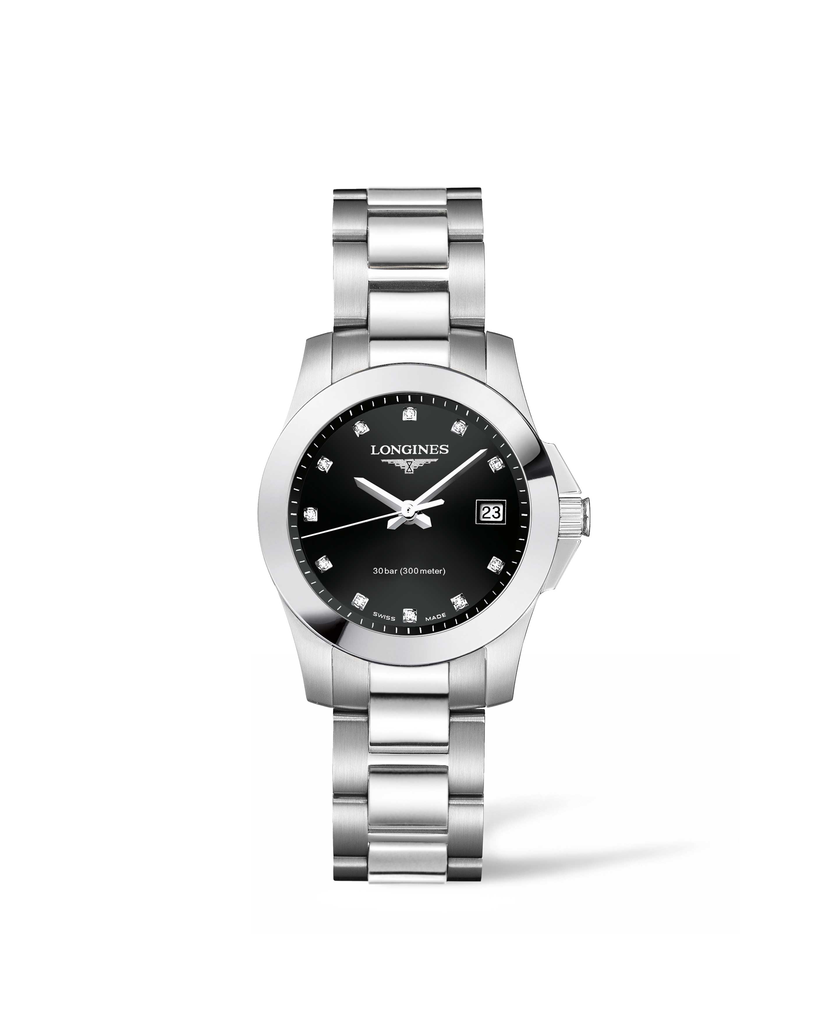 Longines L3.277.4.57.6 : Conquest Quartz 29.5 Stainless Steel / Black - Diamond