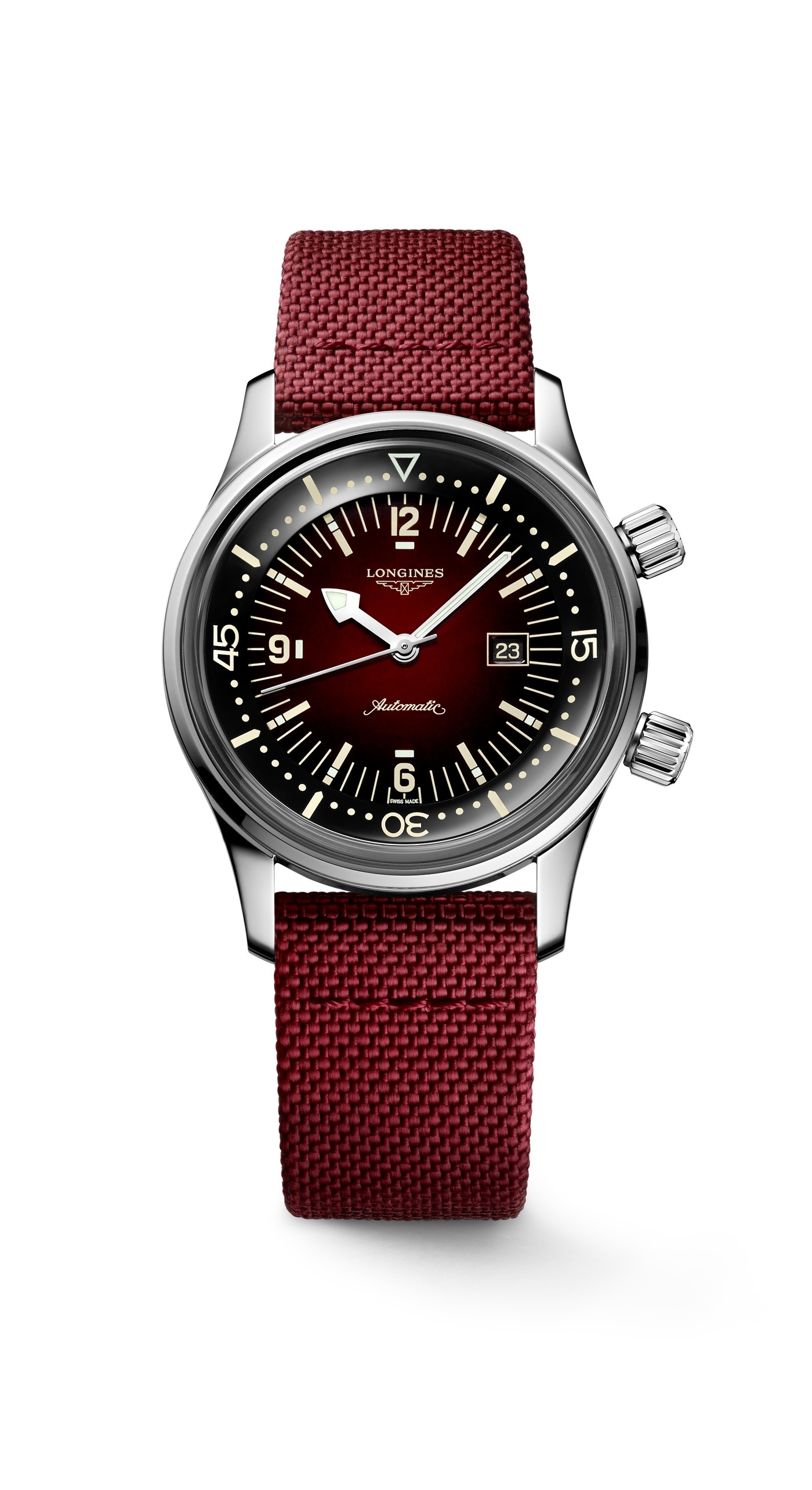 Longines L3.374.4.40.2 : Legend Diver 36 Stainless Steel / Burgundy / Strap