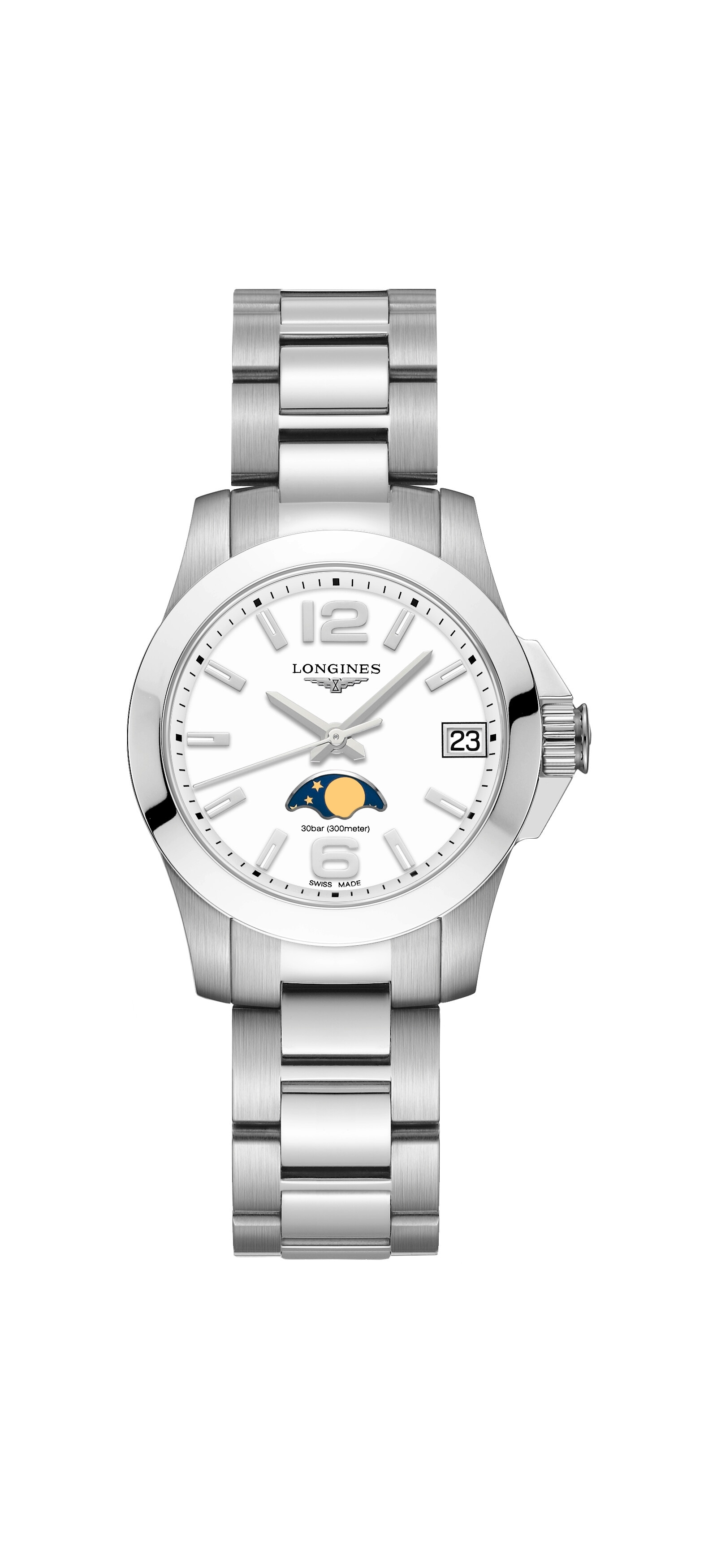 Longines L3.380.4.16.6 : Conquest 29.5 Quartz Moonphase Stainless Steel / White / Bracelet