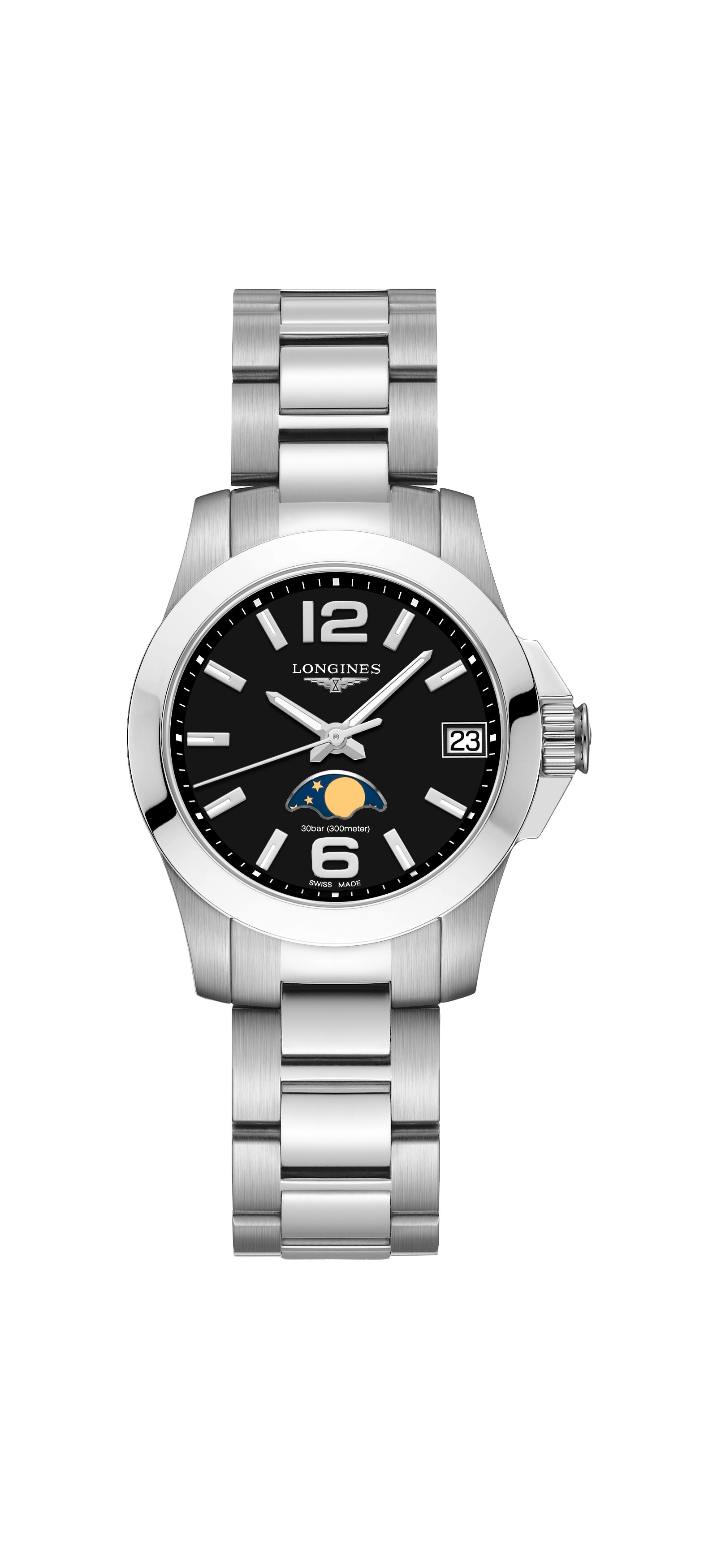 Longines L3.380.4.58.6 : Conquest 29.5 Quartz Moonphase Stainless Steel / Black / Bracelet