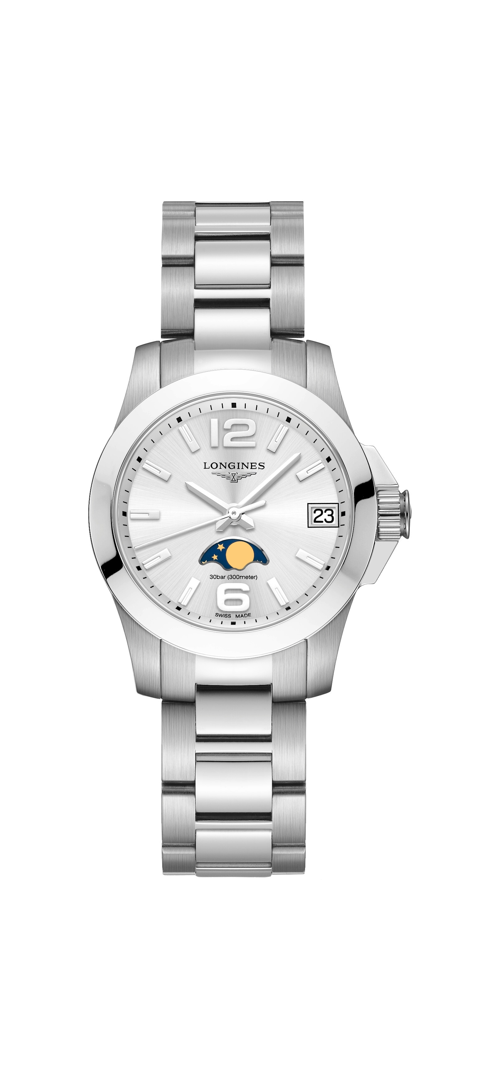 Longines L3.380.4.76.6 : Conquest 29.5 Quartz Moonphase Stainless Steel / Black / Bracelet