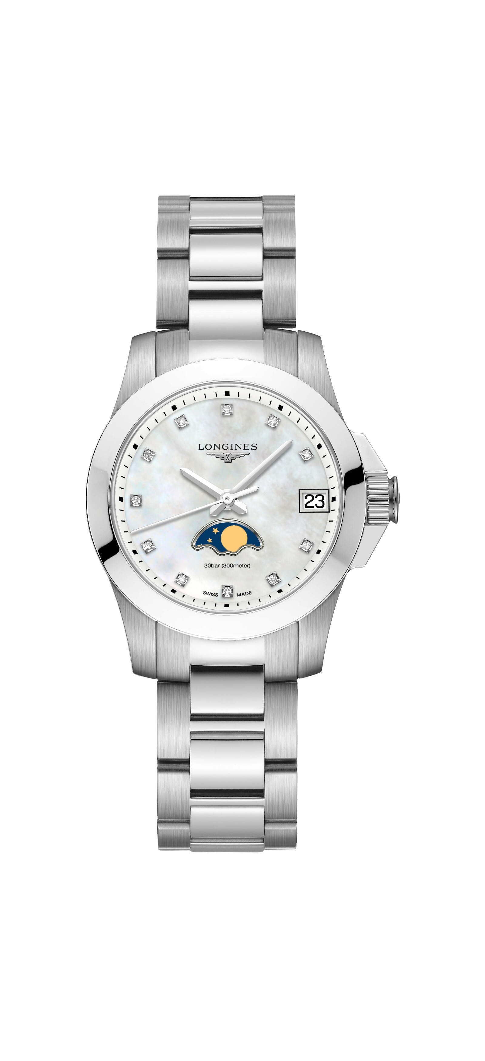 Longines L3.380.4.87.6 : Conquest 29.5 Quartz Moonphase Stainless Steel / MOP / Bracelet