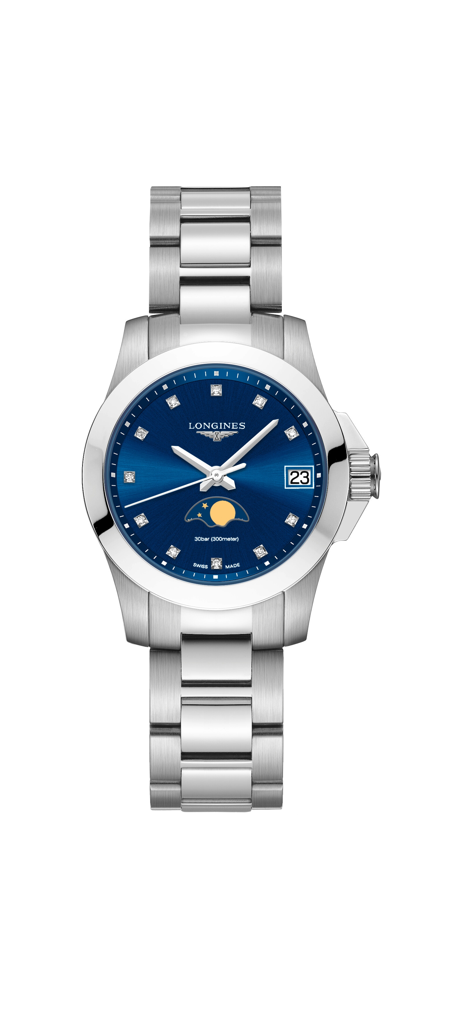 Longines L3.380.4.97.6 : Conquest 29.5 Quartz Moonphase Stainless Steel / Blue / Bracelet