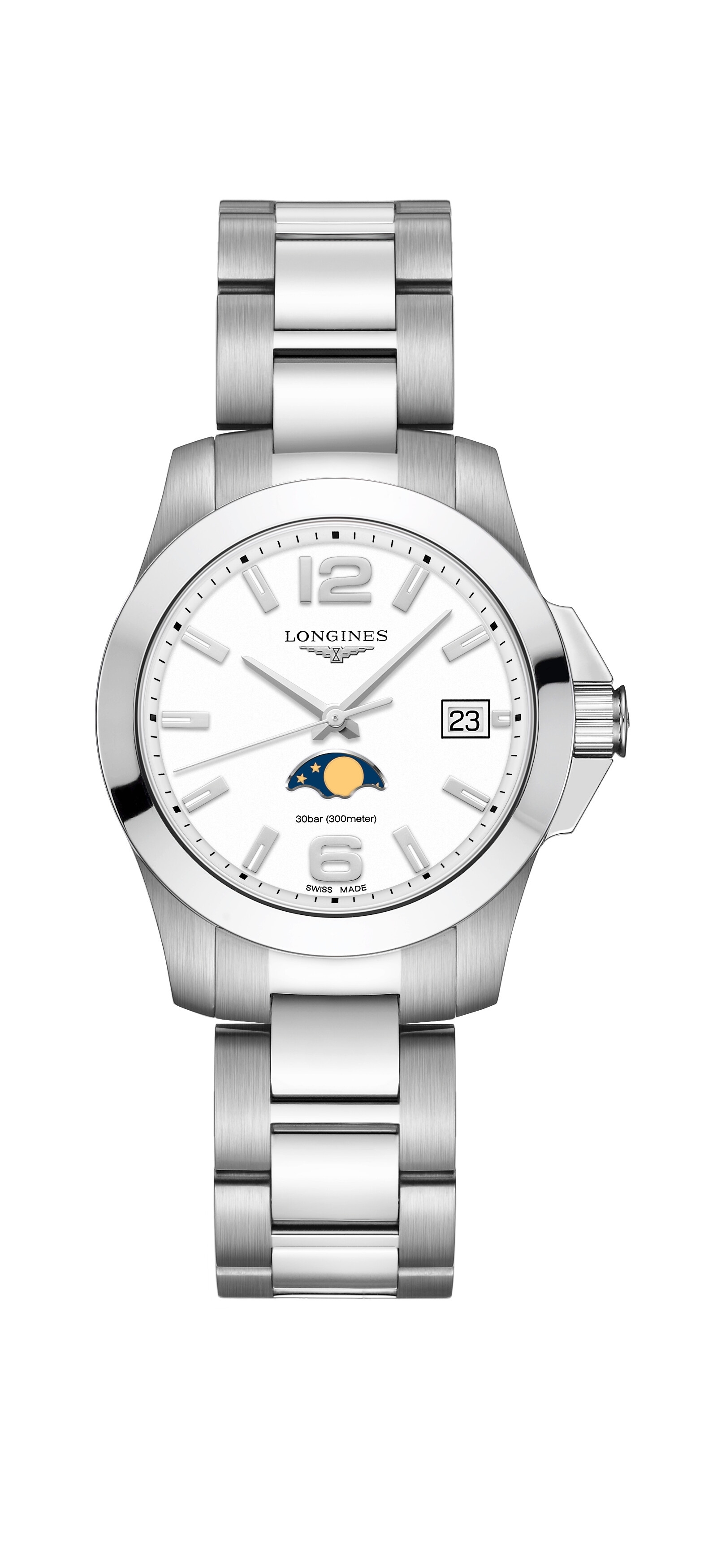 Longines L3.381.4.16.6 : Conquest 34 Quartz Moonphase Stainless Steel / White / Bracelet