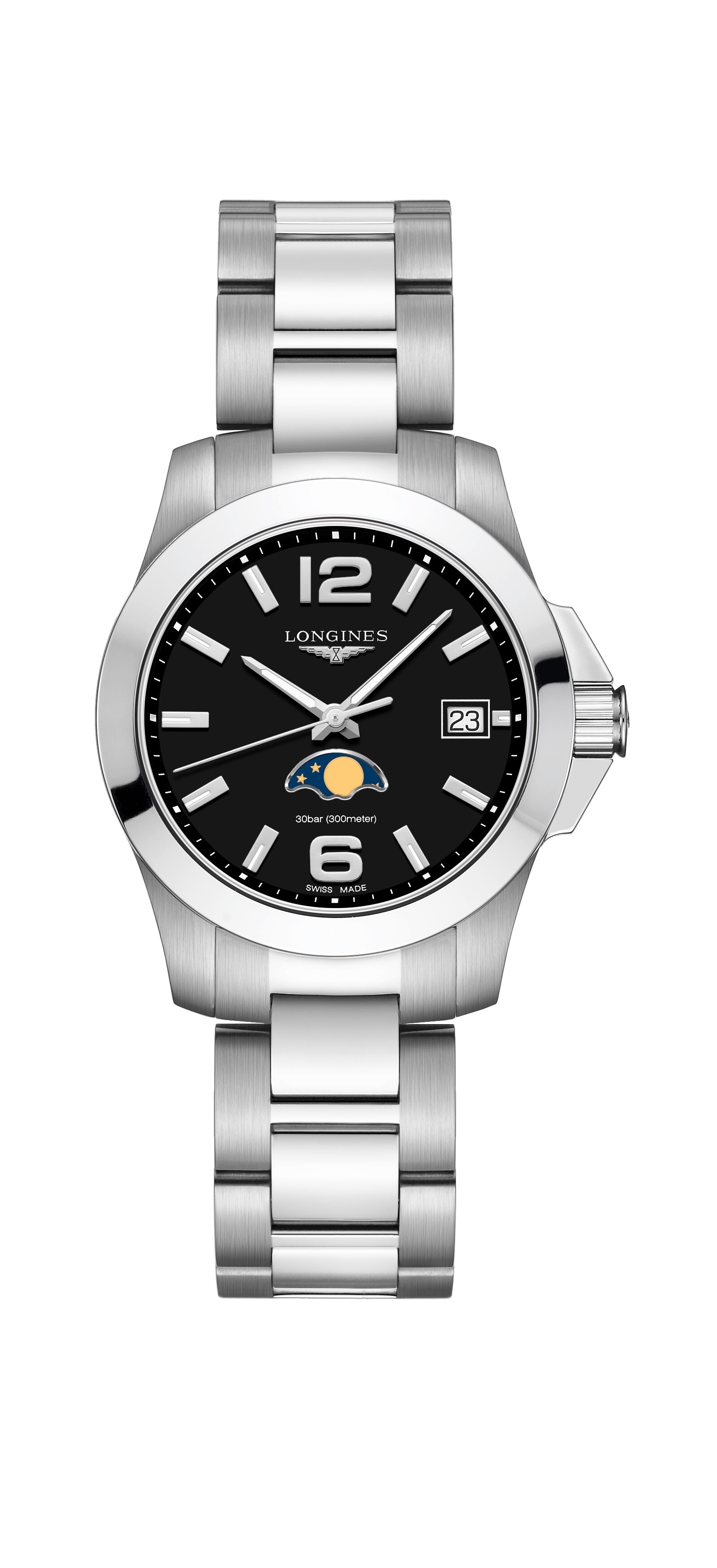 Longines L3.381.4.58.6 : Conquest 34 Quartz Moonphase Stainless Steel / Black / Bracelet