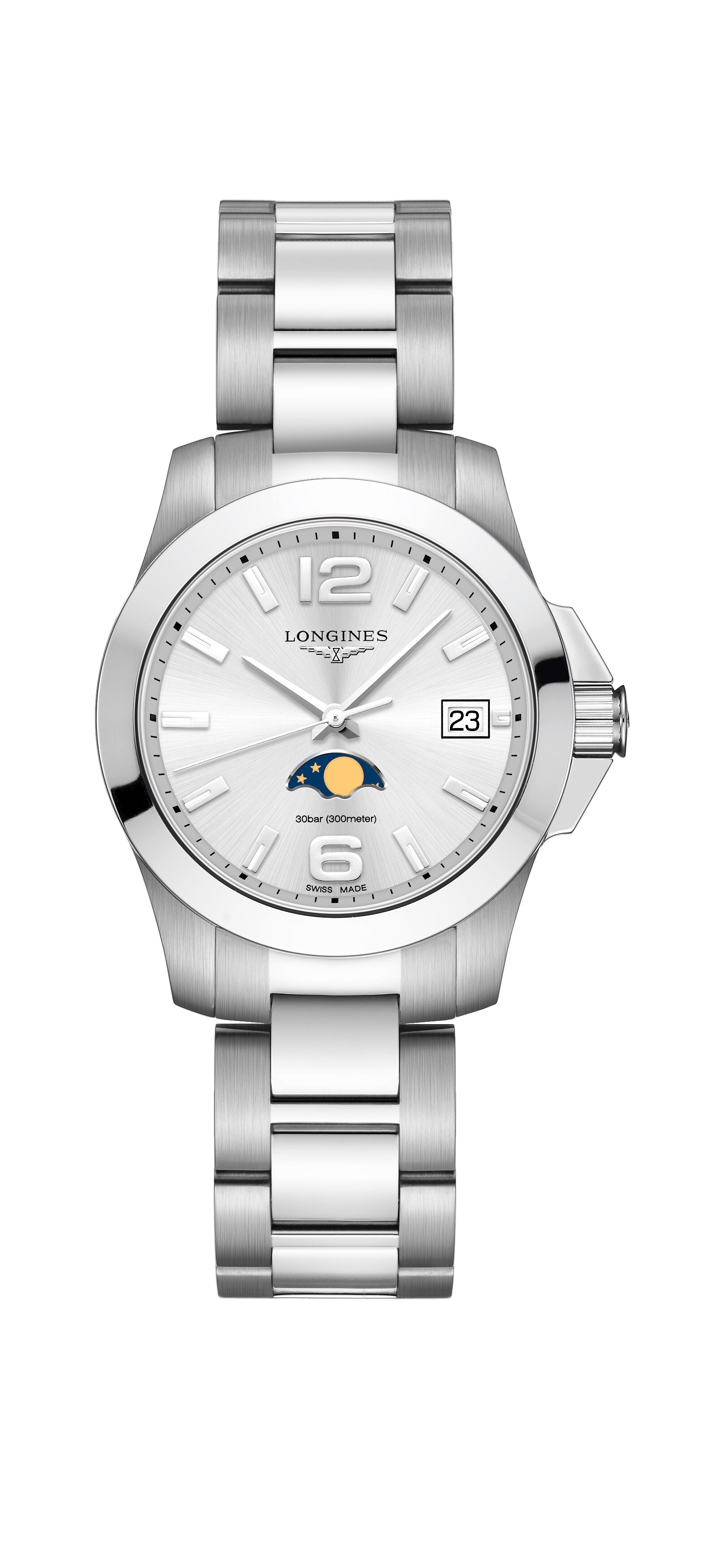 Longines L3.381.4.76.6 : Conquest 34 Quartz Moonphase Stainless Steel / Silver / Bracelet